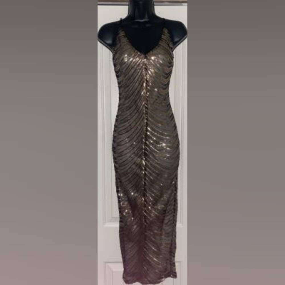 Fashion Nova "Truth hurts" Black Shear and Gold Sequin Midi Dress Size XS